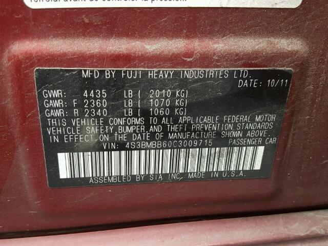 4S3BMBB60C3009715 - 2012 SUBARU LEGACY 2.5 MAROON photo 10