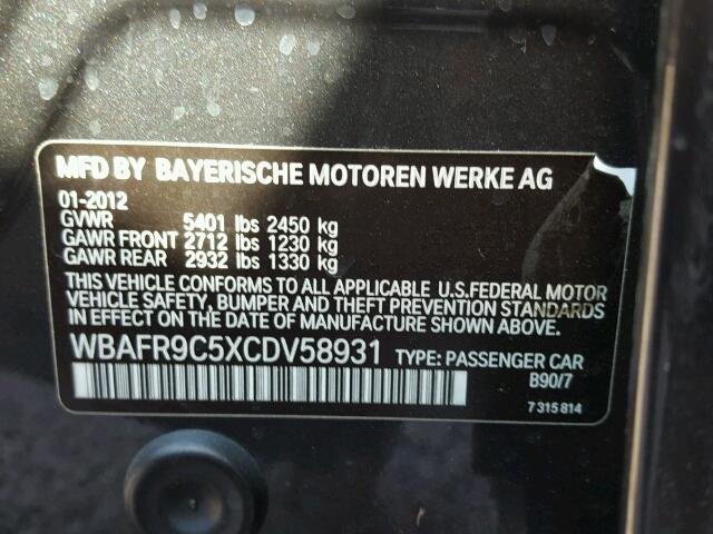 WBAFR9C5XCDV58931 - 2012 BMW 550 BLACK photo 10