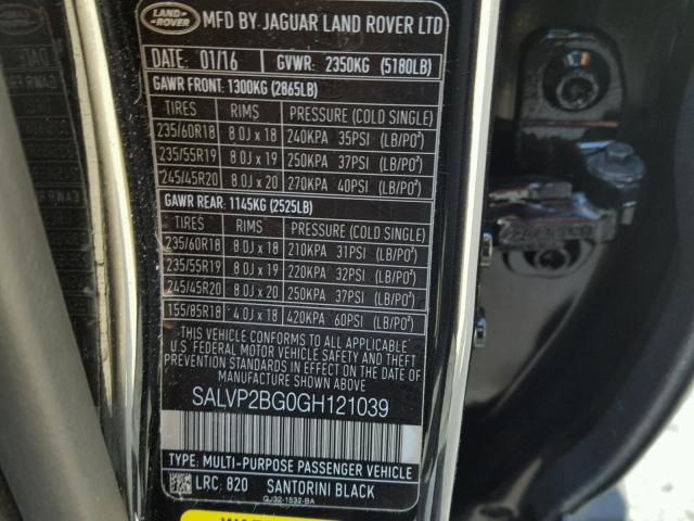 SALVP2BG0GH121039 - 2016 LAND ROVER RANGE ROVE BLACK photo 10