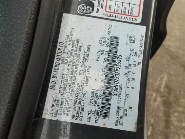 3FAHP07Z37R255325 - 2007 FORD FUSION SE CHARCOAL photo 10