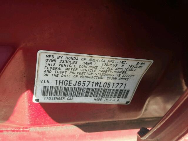 1HGEJ6571WL051771 - 1998 HONDA CIVIC LX RED photo 10