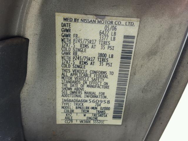 1N6BA06A66N560958 - 2006 NISSAN TITAN XE GRAY photo 10