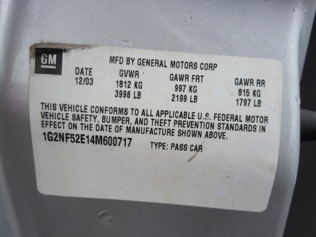 1G2NF52E14M600717 - 2004 PONTIAC GRAND AM S 银色 照片 10