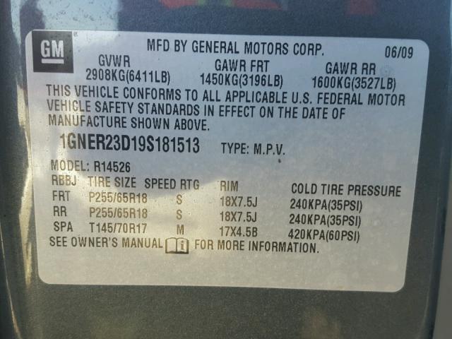 1GNER23D19S181513 - 2009 CHEVROLET TRAVERSE L CHARCOAL photo 10