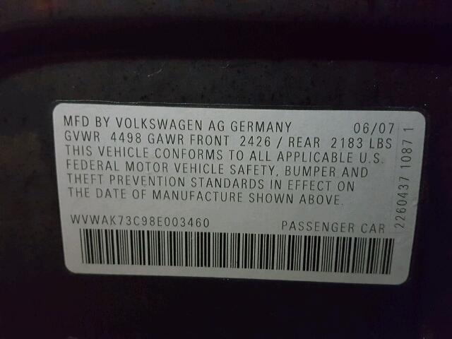 WVWAK73C98E003460 - 2008 VOLKSWAGEN PASSAT KOM BLACK photo 10