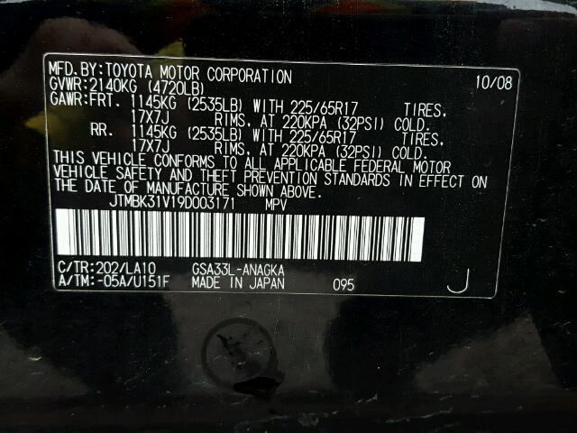 JTMBK31V19D003171 - 2009 TOYOTA RAV4 LIMIT BLACK photo 10