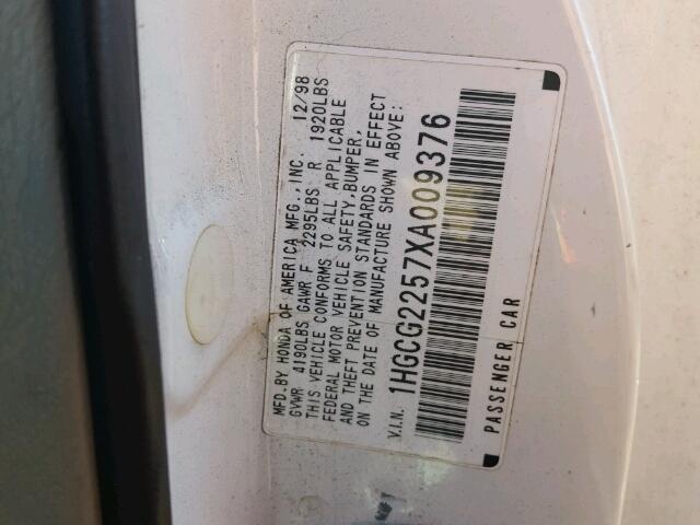 1HGCG2257XA009376 - 1999 HONDA ACCORD EX WHITE photo 10