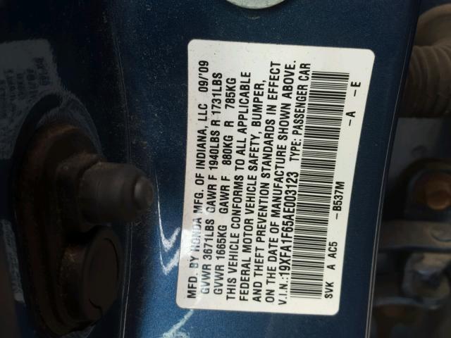 19XFA1F65AE003123 - 2010 HONDA CIVIC BLUE photo 10