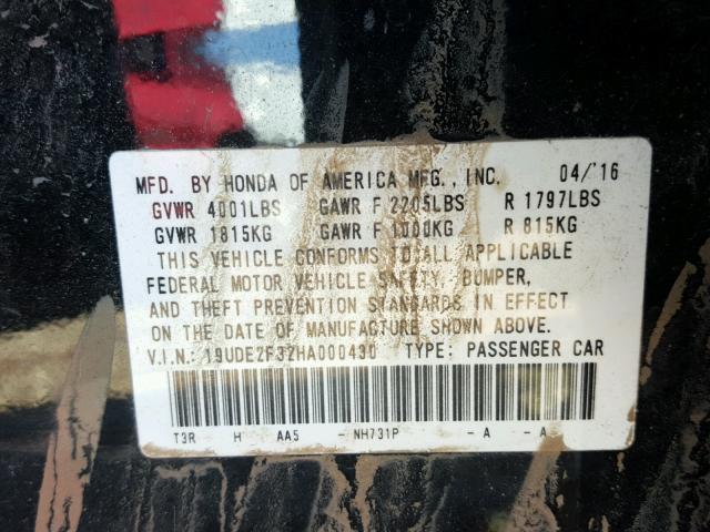 19UDE2F32HA000430 - 2017 ACURA ILX BASE 黑色 照片 10