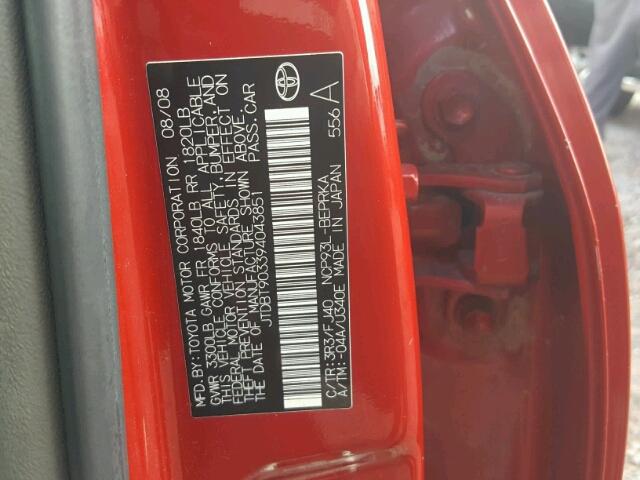 JTDBT903394043851 - 2009 TOYOTA YARIS RED photo 10