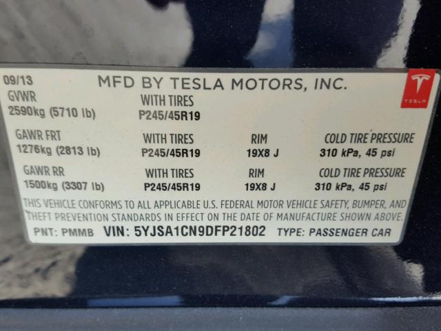 5YJSA1CN9DFP21802 - 2013 TESLA MODEL S BLUE photo 10