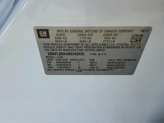 2GKFLSEK4H6342839 - 2017 GMC TERRAIN SL WHITE photo 10