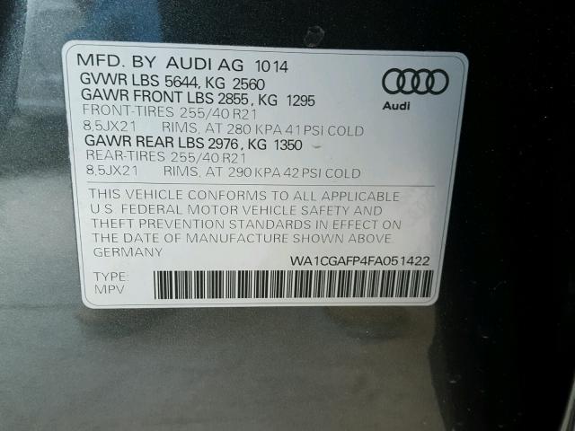 WA1CGAFP4FA051422 - 2015 AUDI SQ5 PREMIU CHARCOAL photo 10