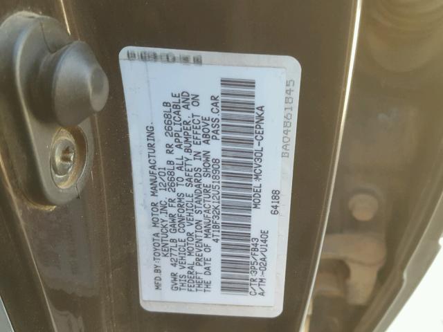 4T1BF32K12U518908 - 2002 TOYOTA CAMRY LE BLACK photo 10