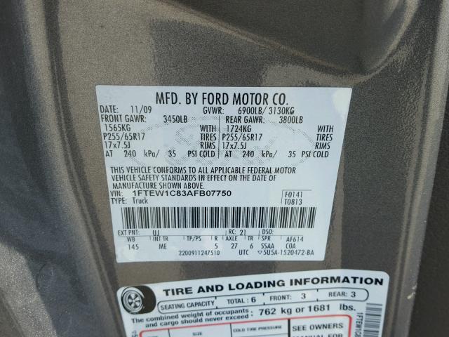 1FTEW1C83AFB07750 - 2010 FORD F150 SUPER GRAY photo 10