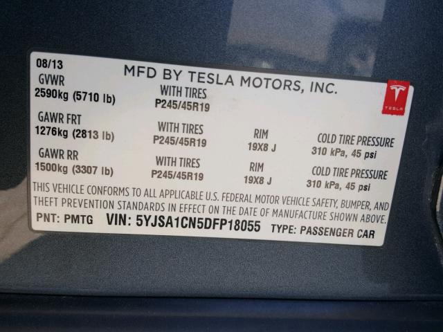 5YJSA1CN5DFP18055 - 2013 TESLA MODEL S GRAY photo 10