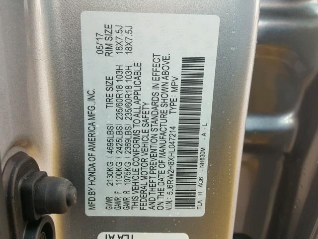 5J6RW2H8XHL047214 - 2017 HONDA CR-V EXL SILVER photo 10