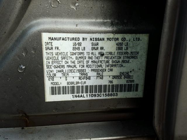 1N4AL11D93C158803 - 2003 NISSAN ALTIMA BAS GRAY photo 10