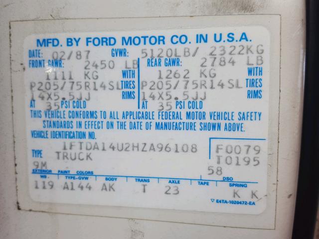 1FTDA14U2HZA96108 - 1987 FORD AEROSTAR WHITE photo 10