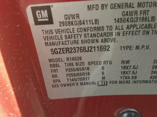 5GZER23768J211692 - 2008 SATURN OUTLOOK XR მუქწითელი ფოტო 10