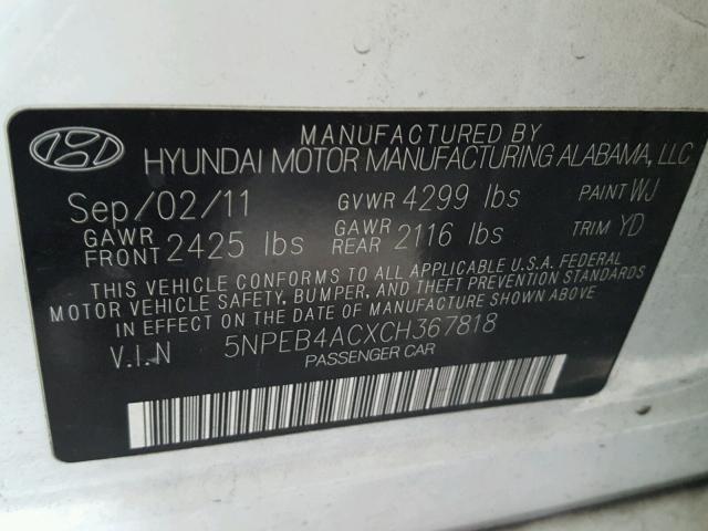 5NPEB4ACXCH367818 - 2012 HYUNDAI SONATA GLS WHITE photo 10