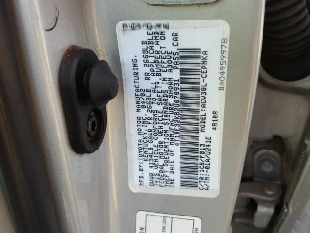 4T1BE32K82U070931 - 2002 TOYOTA CAMRY LE ვერცხლისფერი ფოტო 10