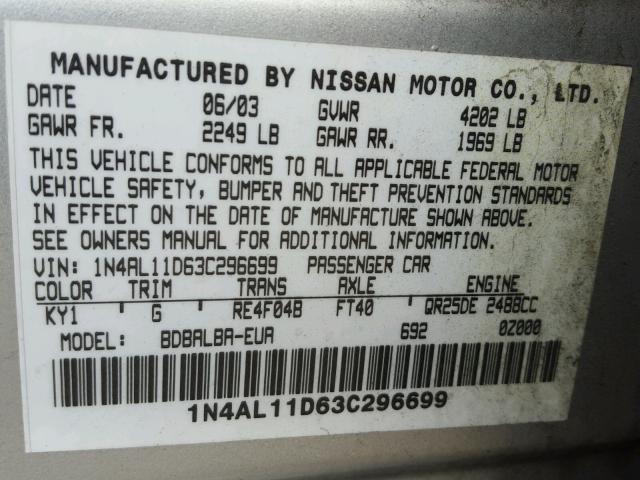 1N4AL11D63C296699 - 2003 NISSAN ALTIMA BAS SILVER photo 10