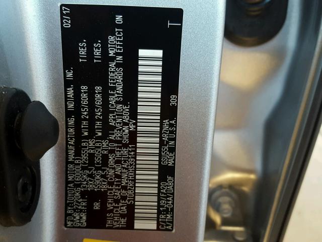 5TDBZRFHXHS391411 - 2017 TOYOTA HIGHLANDER SILVER photo 10