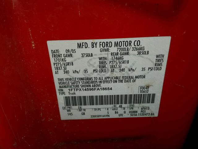 1FTPX14596FA18654 - 2006 FORD F150 RED photo 10