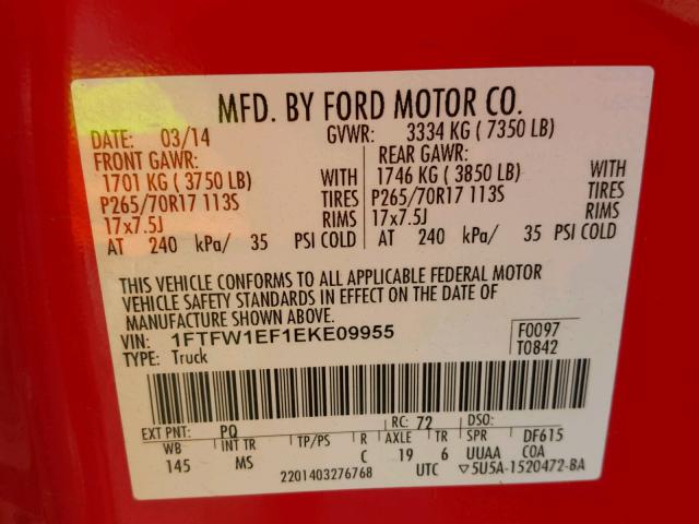 1FTFW1EF1EKE09955 - 2014 FORD F150 SUPER RED photo 10