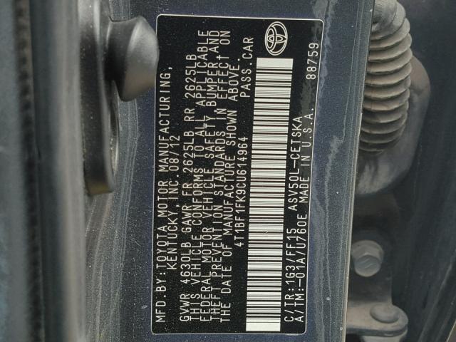 4T1BF1FK9CU614964 - 2012 TOYOTA CAMRY BASE CHARCOAL photo 10