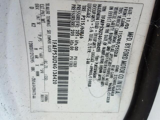 1FAFP53U24G138420 - 2004 FORD TAURUS SE WHITE photo 10