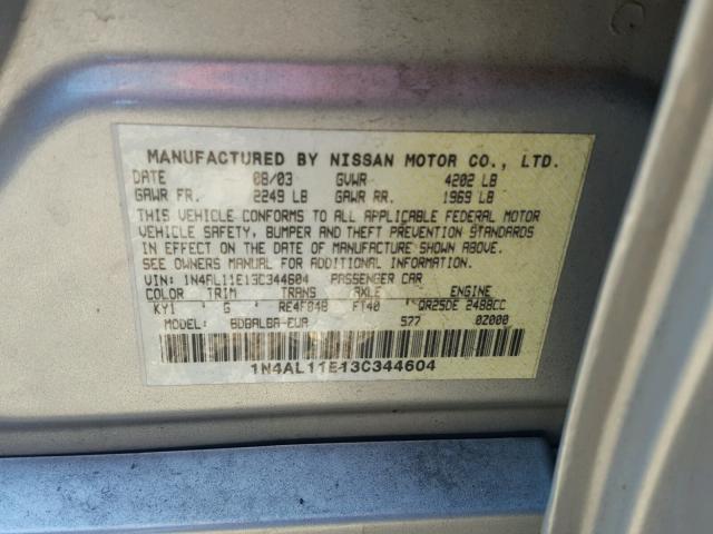 1N4AL11E13C344604 - 2003 NISSAN ALTIMA BAS SILVER photo 10