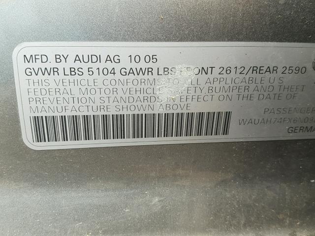 WAUAH74FX6N098189 - 2006 AUDI A6 3.2 GRAY photo 10