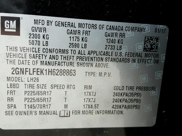 2GNFLFEK1H6288863 - 2017 CHEVROLET EQUINOX LT BLACK photo 10