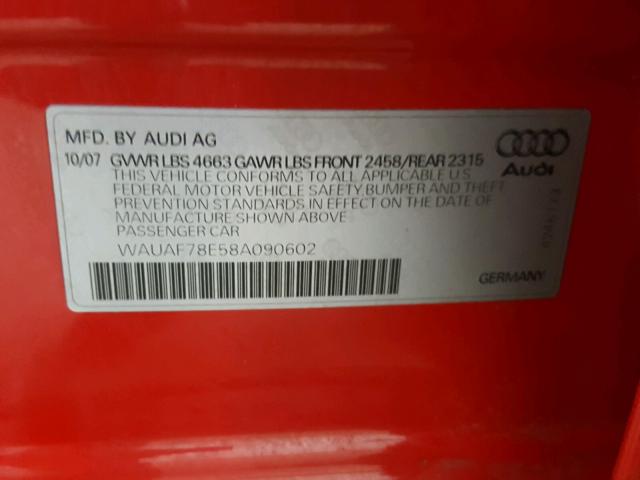 WAUAF78E58A090602 - 2008 AUDI A4 2.0T RED photo 10