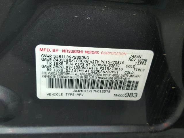 JA4MT31X17U012578 - 2007 MITSUBISHI OUTLANDER CHARCOAL photo 10