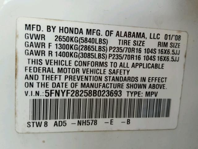 5FNYF28258B023693 - 2008 HONDA PILOT VP WHITE photo 10