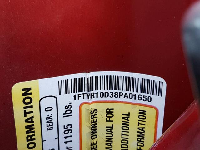 1FTYR10D38PA01650 - 2008 FORD RANGER RED photo 10