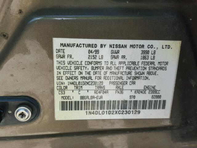 1N4DL01D2XC230129 - 1999 NISSAN ALTIMA XE GOLD photo 10