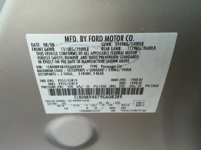 1LNHM94R79G608389 - 2009 LINCOLN MKS BEIGE photo 10