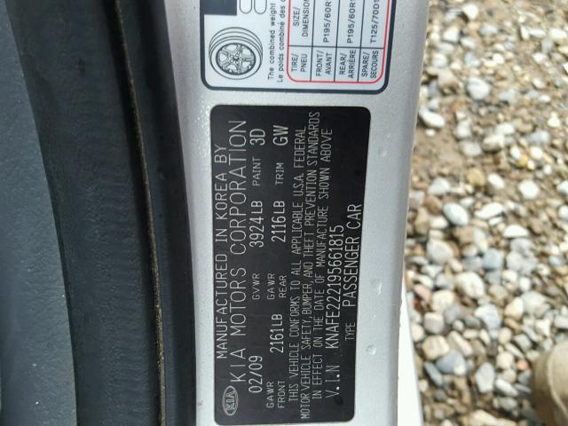 KNAFE222195661815 - 2009 KIA SPECTRA EX SILVER photo 10