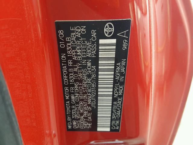 JTDJT923185178134 - 2008 TOYOTA YARIS RED photo 10