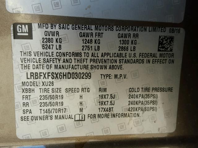 LRBFXFSX6HD030299 - 2017 BUICK ENVISION P BROWN photo 10