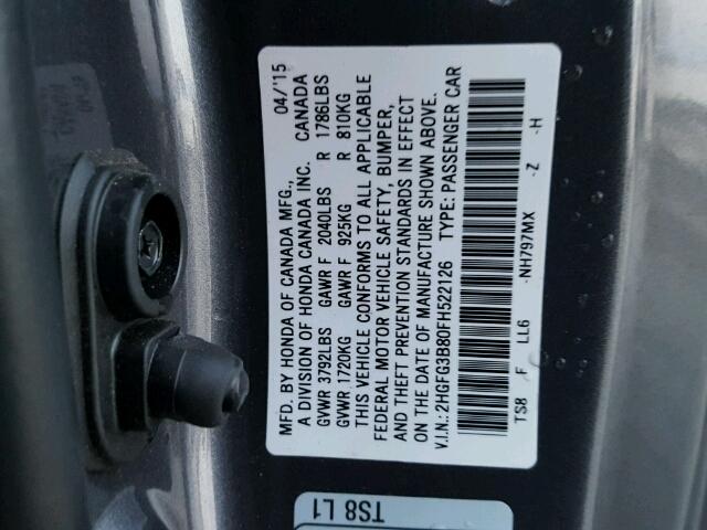 2HGFG3B80FH522126 - 2015 HONDA CIVIC EX შავი ფოტო 10