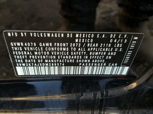 3VW2K7AJXDM289374 - 2013 VOLKSWAGEN JETTA BASE BLACK photo 10