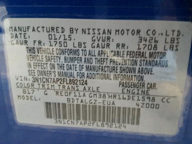 3N1CN7AP2FL892124 - 2015 NISSAN VERSA S BLUE photo 10