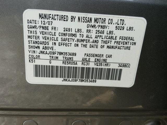 JNKAJ09F78M353489 - 2008 INFINITI EX35 BASE GRAY photo 10