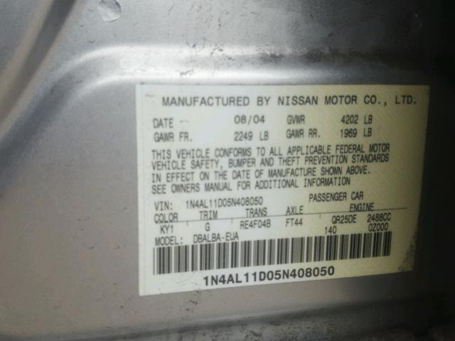 1N4AL11D05N408050 - 2005 NISSAN ALTIMA S SILVER photo 10