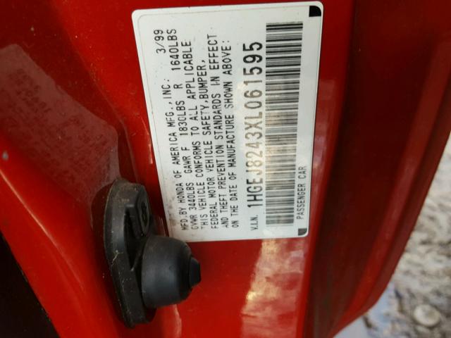 1HGEJ8243XL061595 - 1999 HONDA CIVIC EX RED photo 10